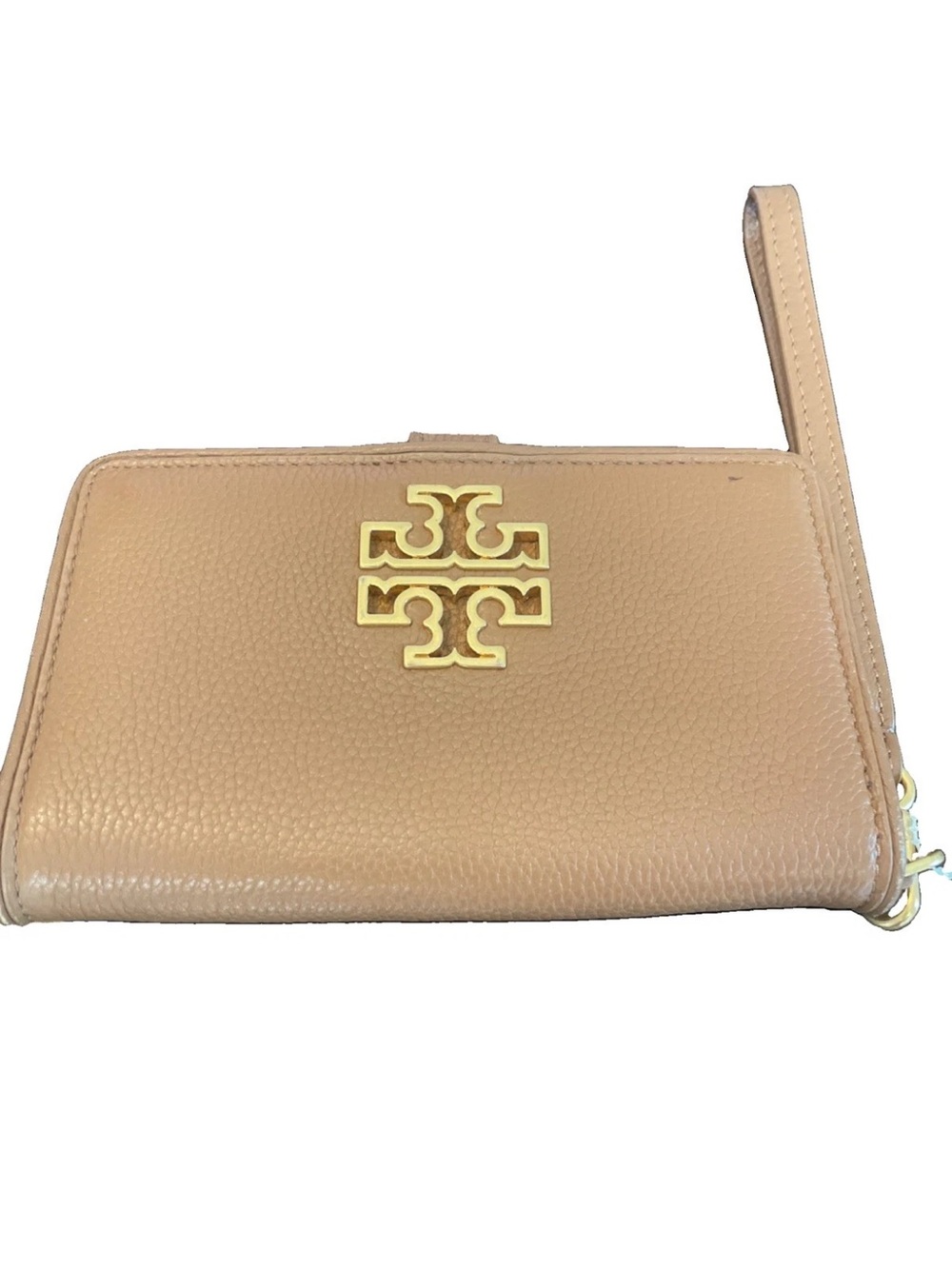 Tory Burch Tan Pebbled Leather Wristlet with Gold Logo